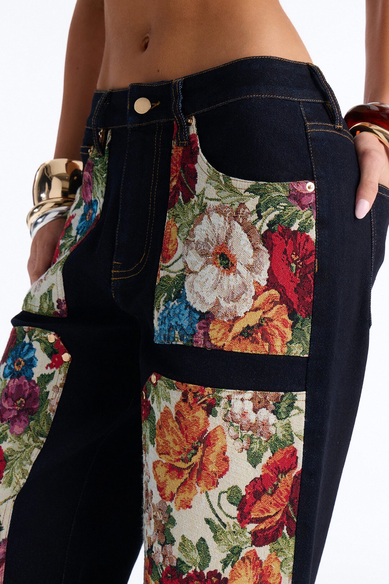 Heirloom Bloom Tapestry Utility Straight Leg Jeans - Dark Denim