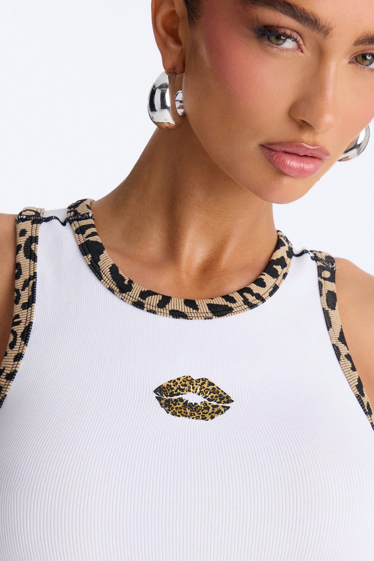 Cheetah Lips Ribbed Tank Top - White/combo