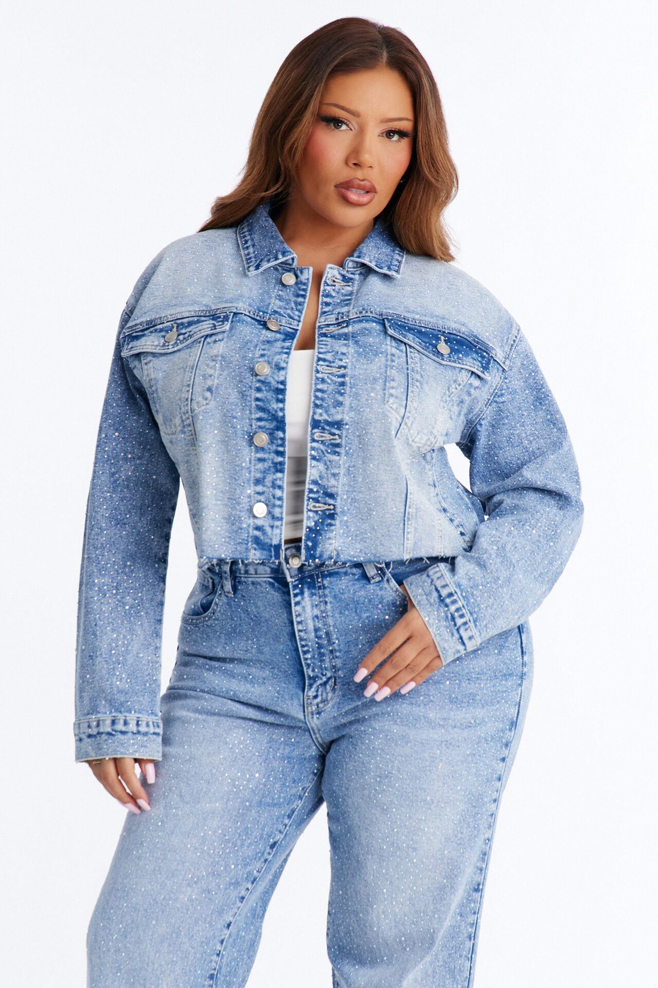 Spotlight Status Rhinestone Denim Pant Set - Light Wash