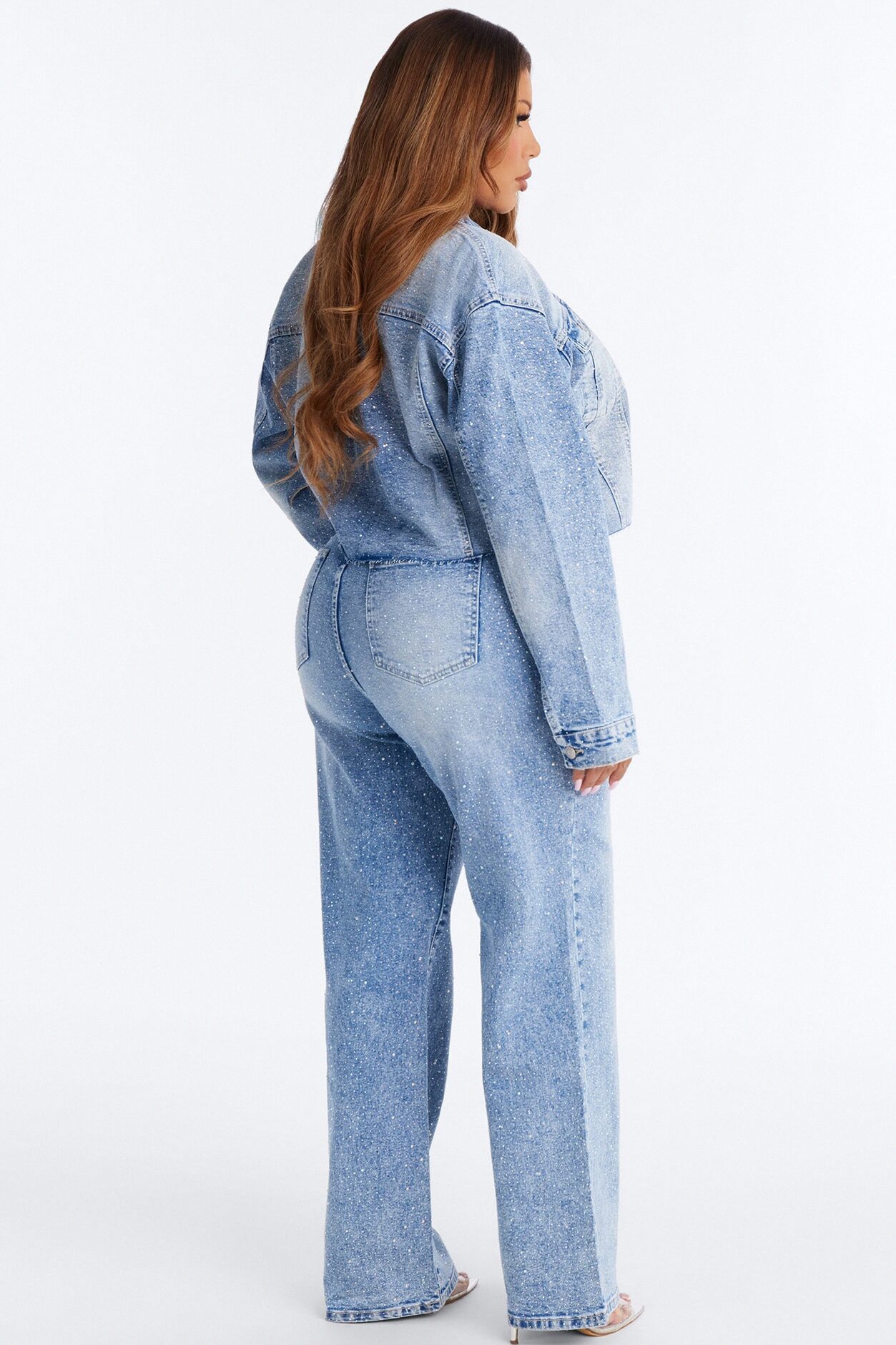 Spotlight Status Rhinestone Denim Pant Set - Light Wash