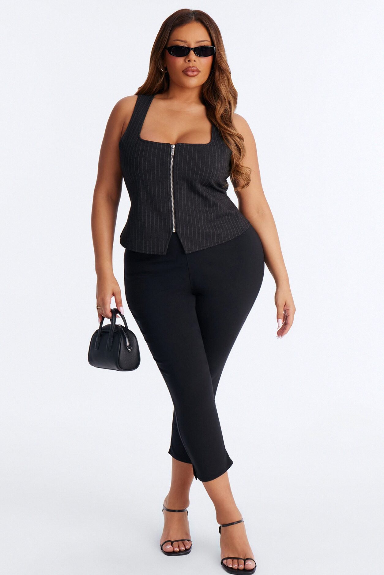 Looking Iconic Front Zip Pinstripe Tank Top - Black/combo