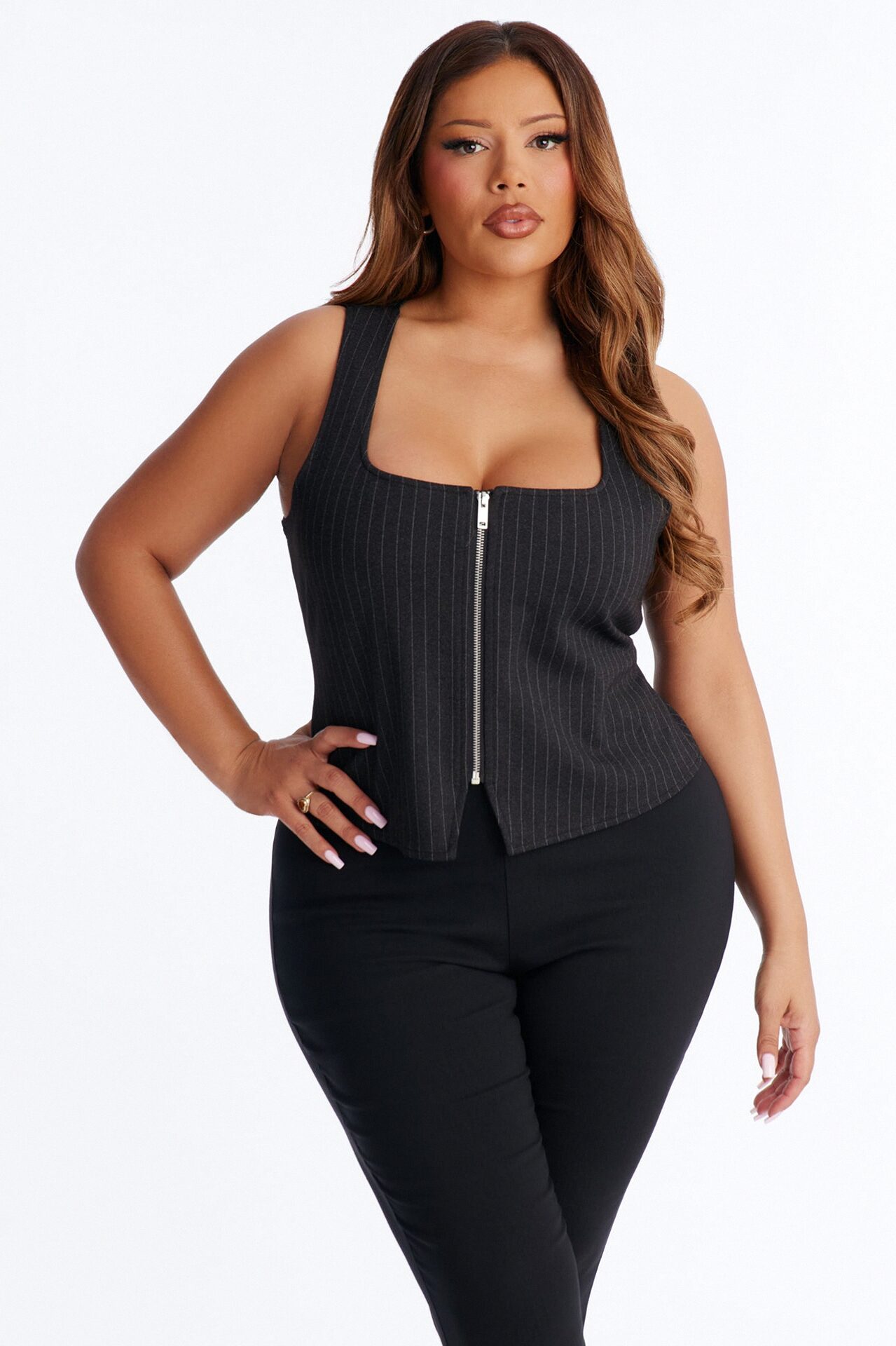 Looking Iconic Front Zip Pinstripe Tank Top - Black/combo