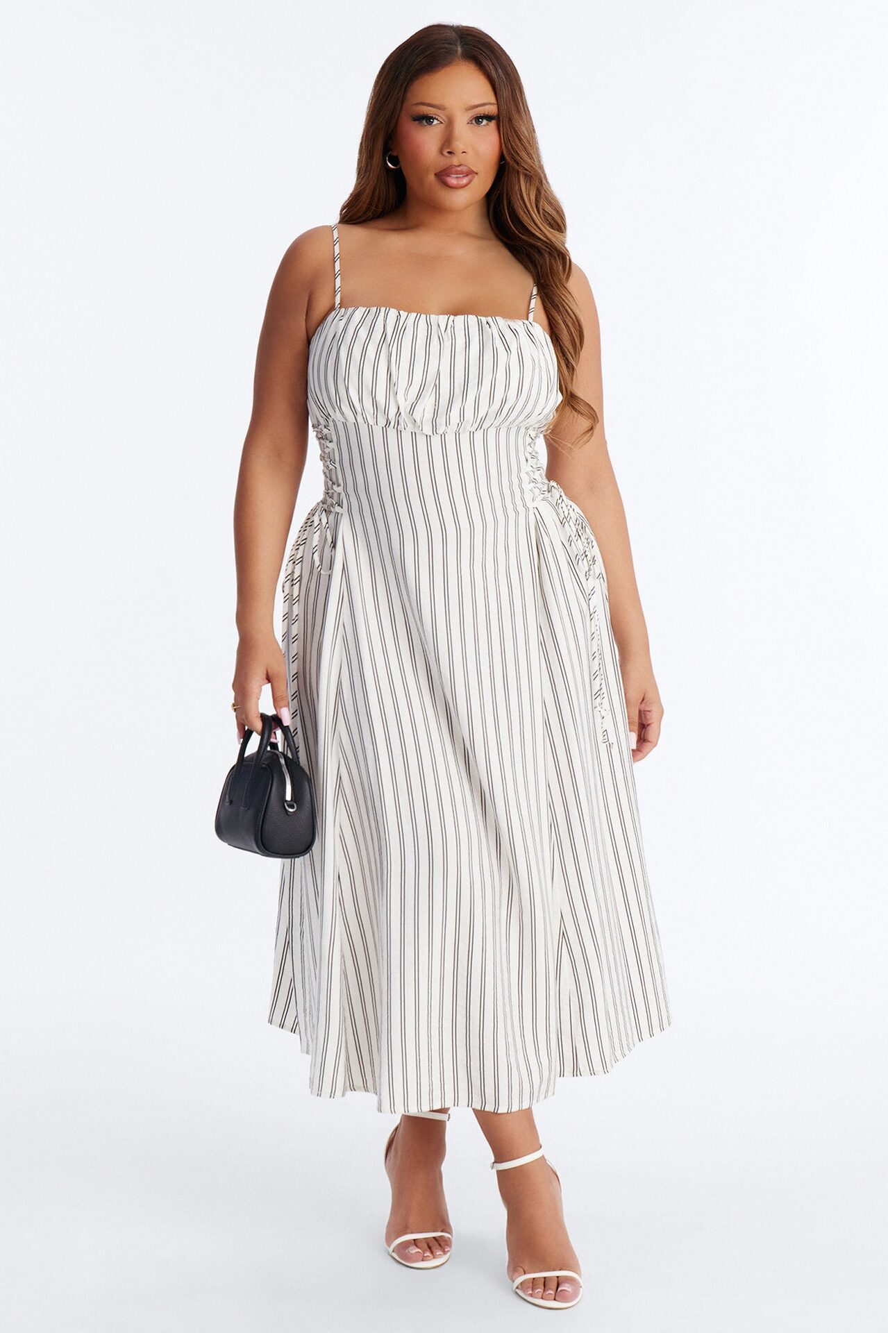 Claire Lace Up Pinstripe Midi Dress - White/combo