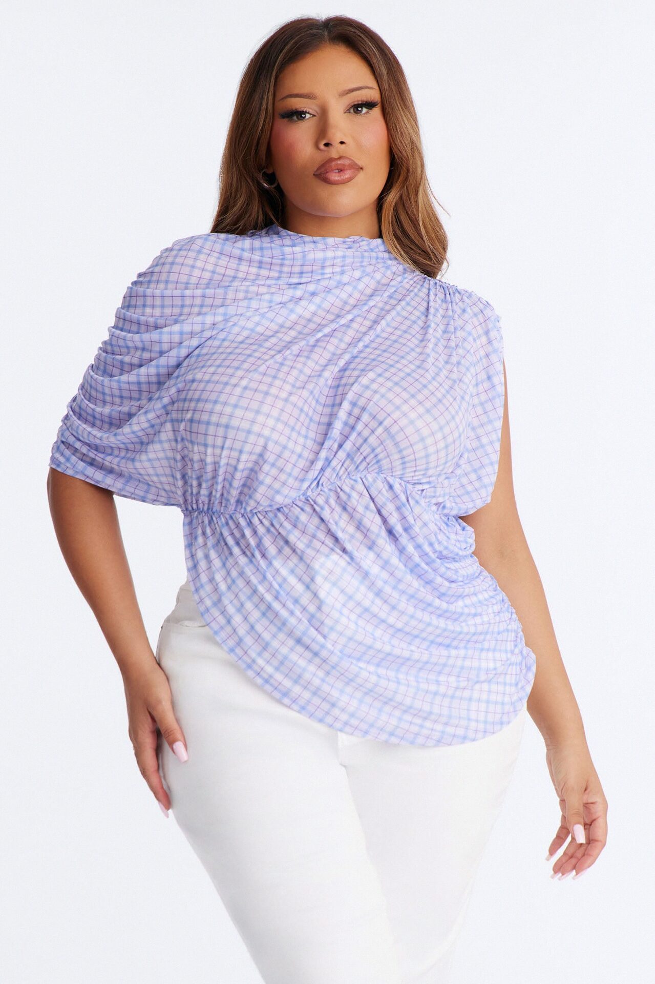 Picnic Date Plaid Mesh Ruched Short Sleeve Top - Lavender/combo
