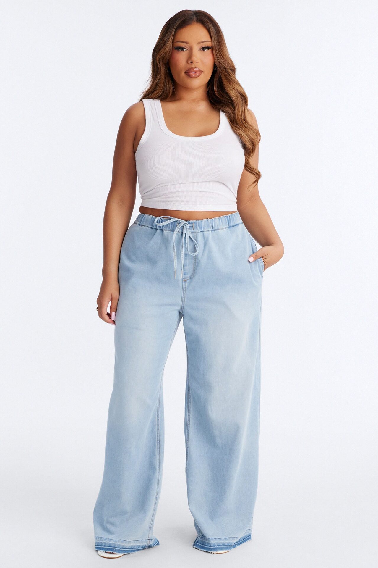 Marina Stretch Crosshatch Tie Waist Jeans - Light Blue Wash