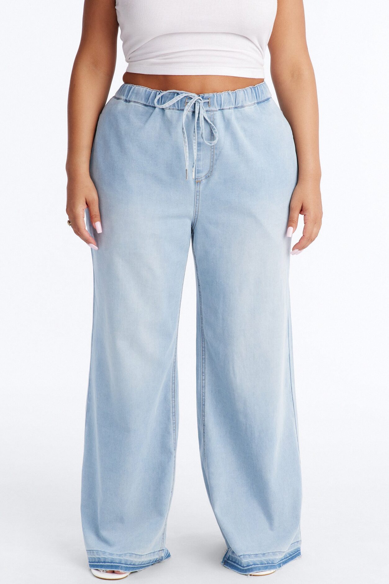 Marina Stretch Crosshatch Tie Waist Jeans - Light Blue Wash