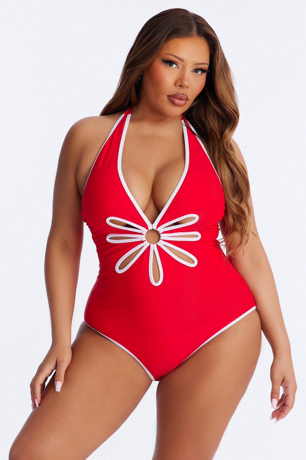 Sun Flower Babe Cut Out 1 Piece Plunge Swimsuit - Red