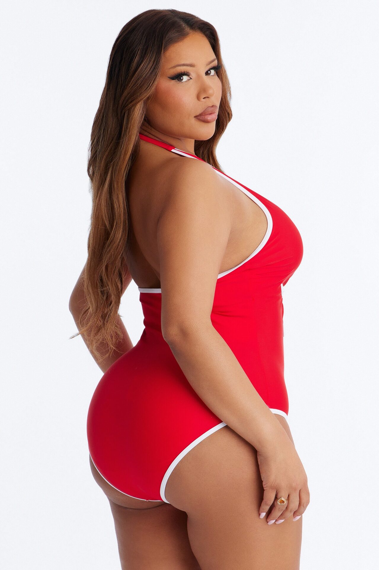 Sun Flower Babe Cut Out 1 Piece Plunge Swimsuit - Red