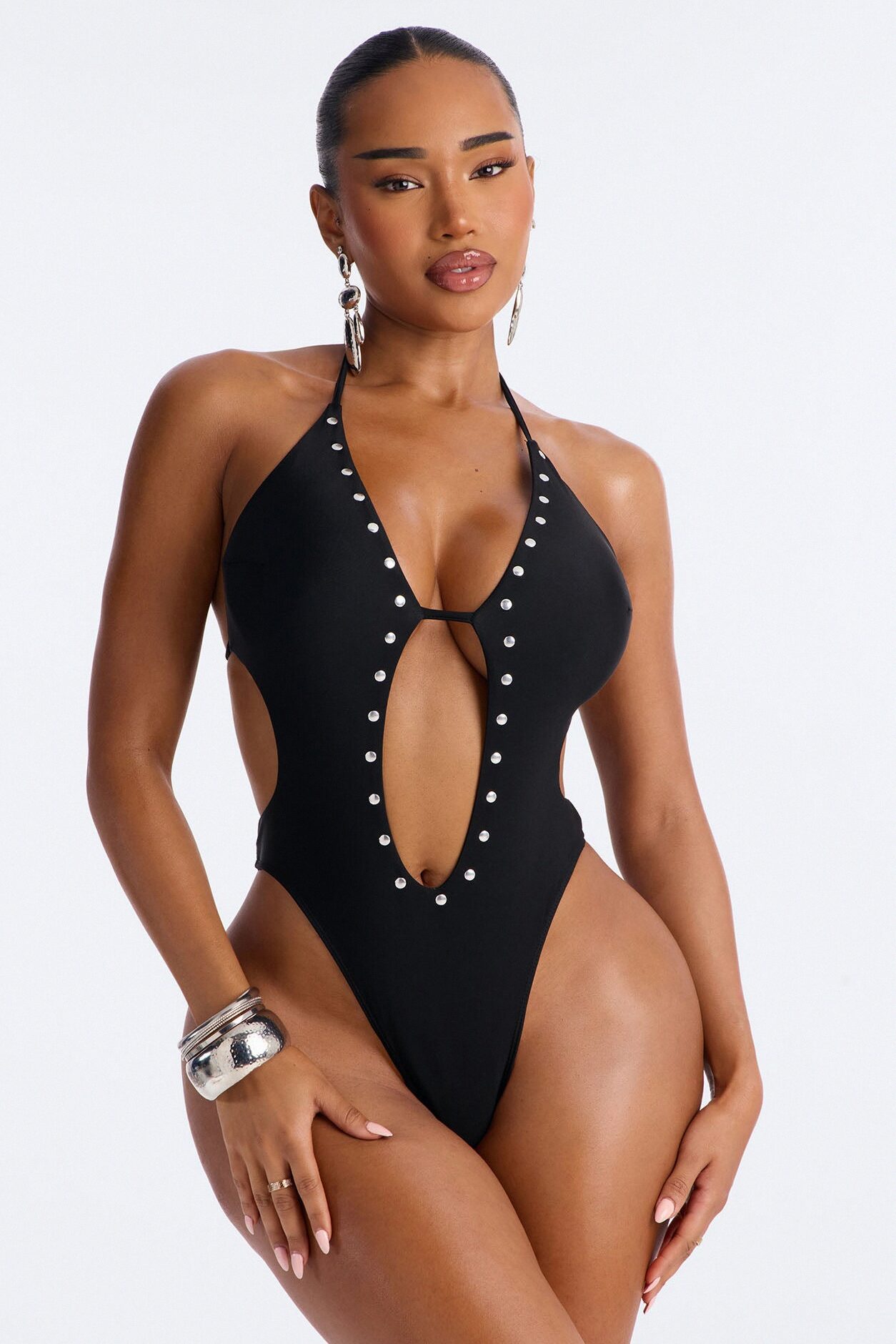 Miami Beat Studded 1 Piece Halter Cut Out Swimsuit - Black