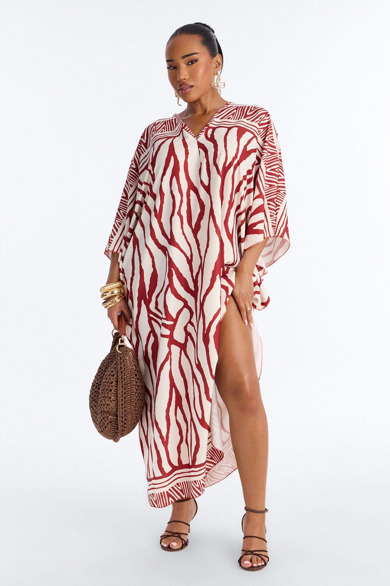 Wave Whispers Swim Cover Up Kaftan Dress - Brown/combo