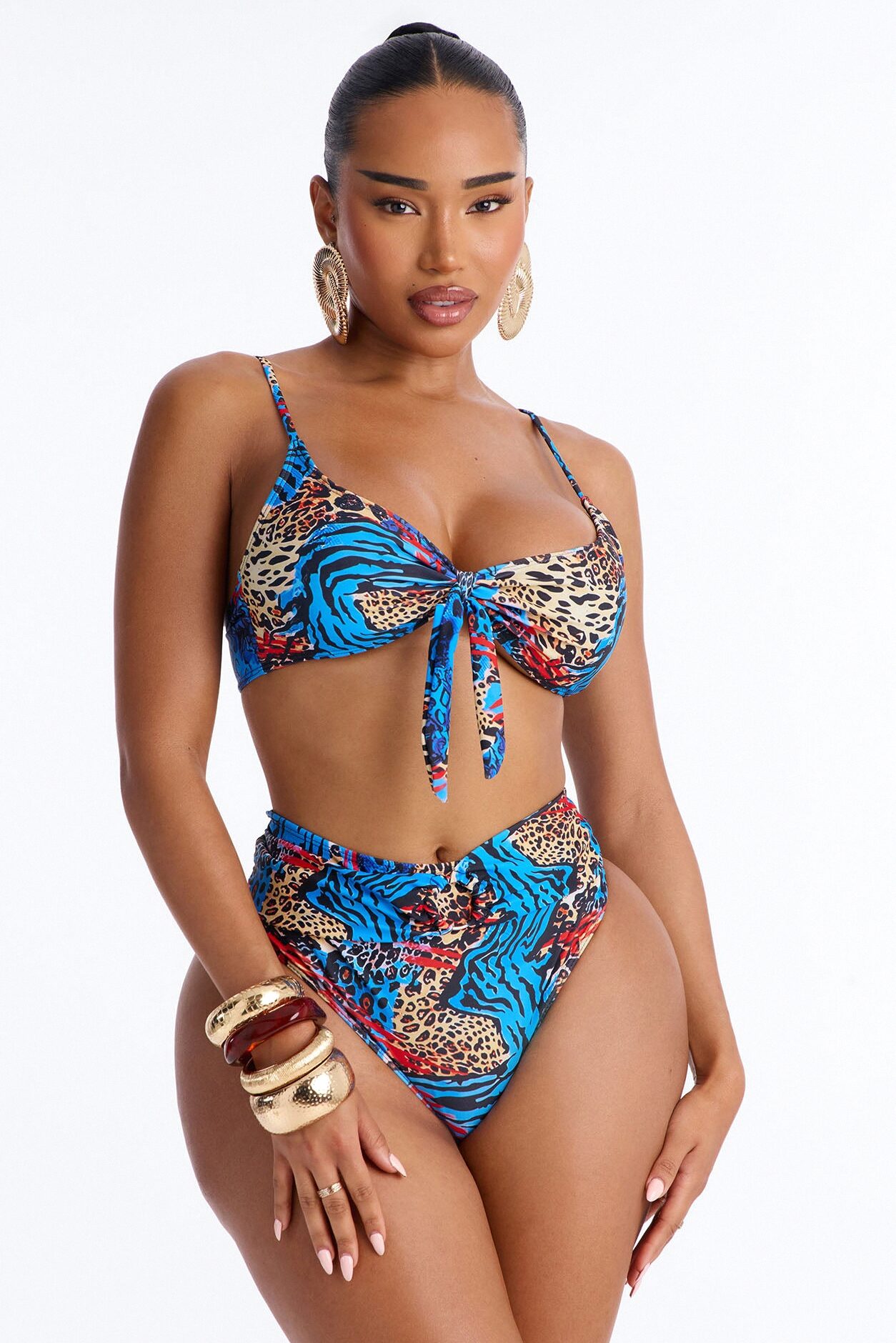 Unstoppable Wild Paradise Animal Front Tie Ruching High Waist Midi 3 Piece Bikini Komono Set - Blue/combo