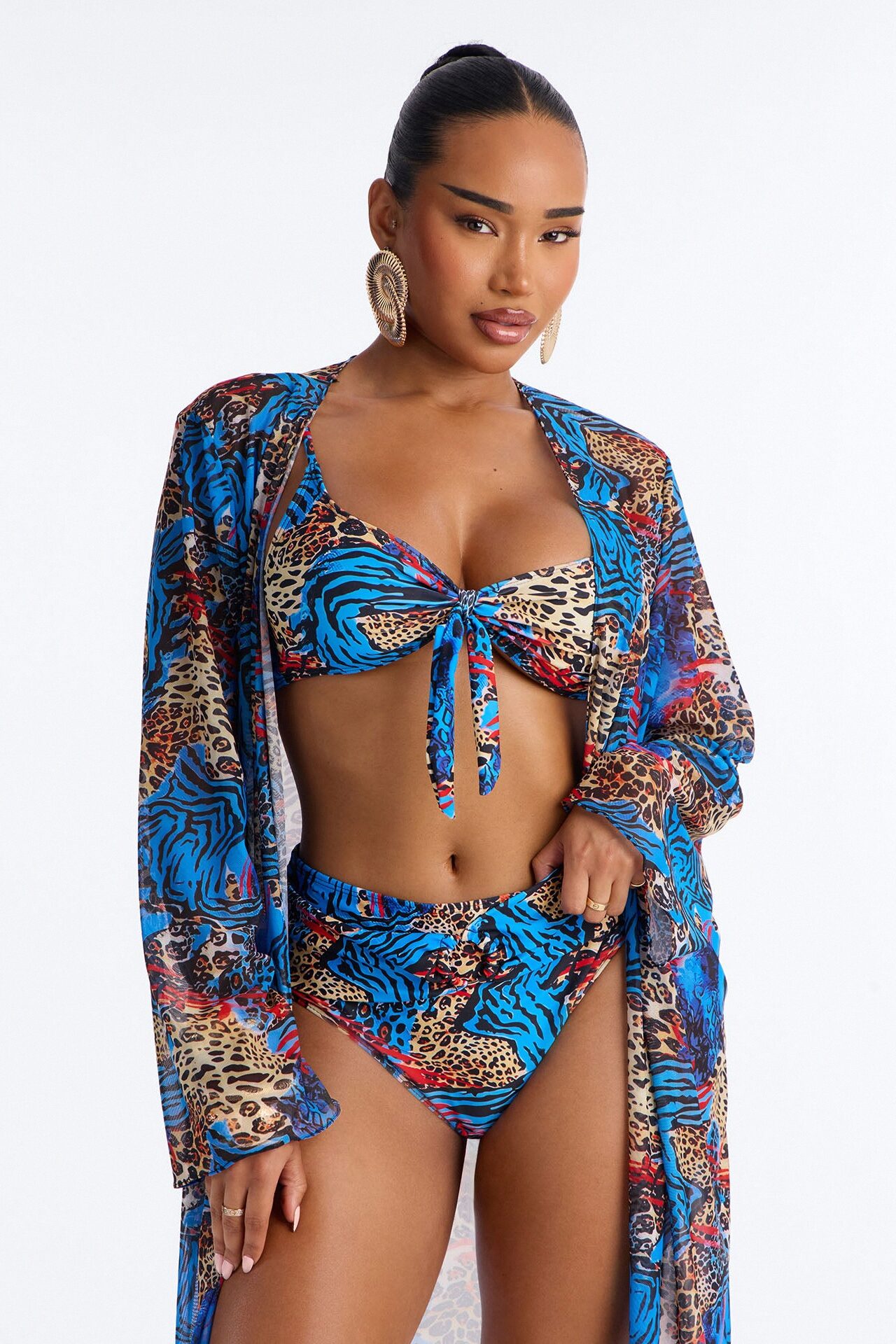 Unstoppable Wild Paradise Animal Front Tie Ruching High Waist Midi 3 Piece Bikini Komono Set - Blue/combo