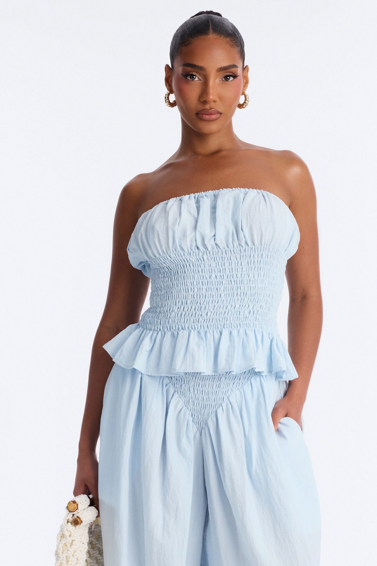 Pretty Thing Peplum Smocked Balloon Pant Set - Light Blue