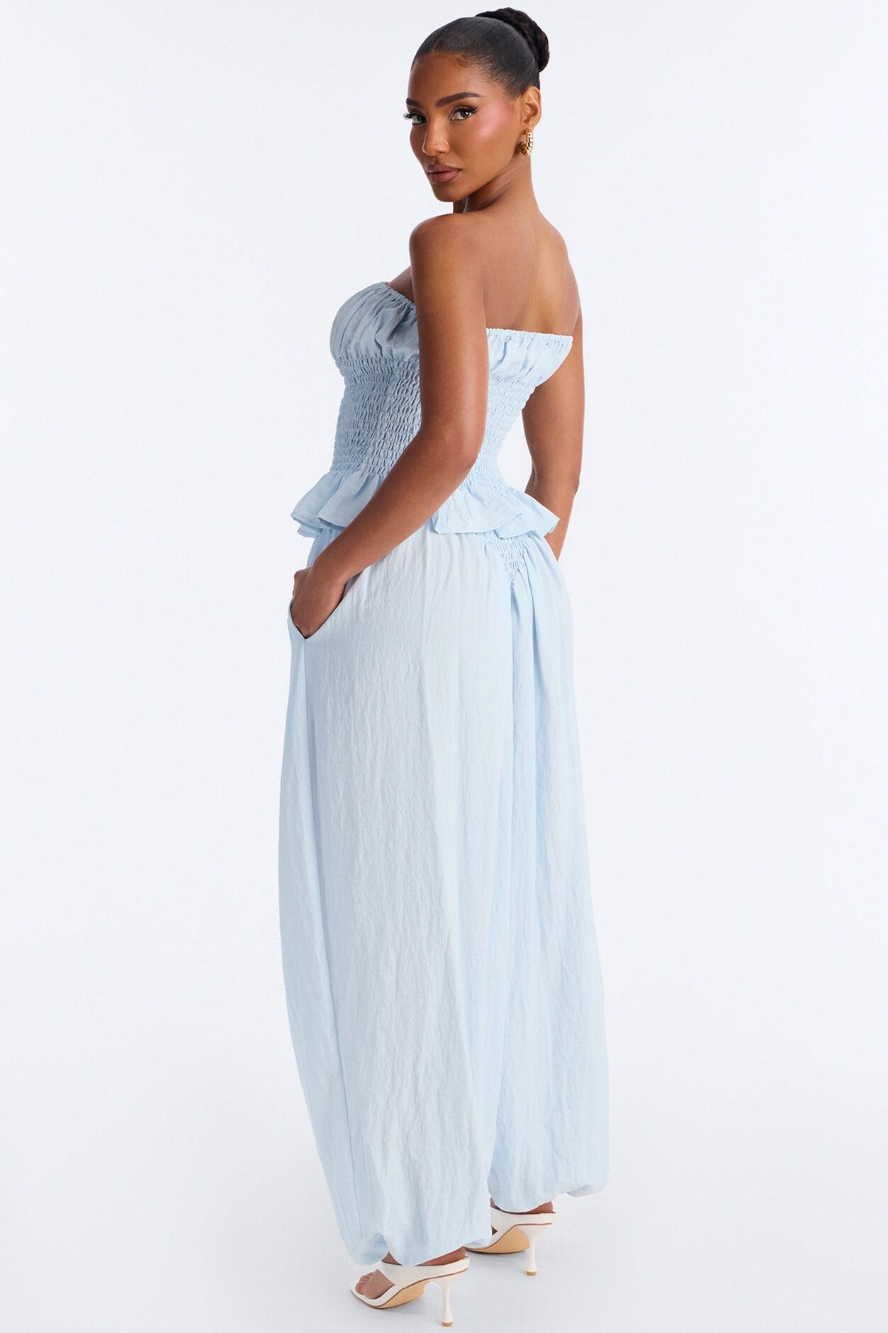 Pretty Thing Peplum Smocked Balloon Pant Set - Light Blue