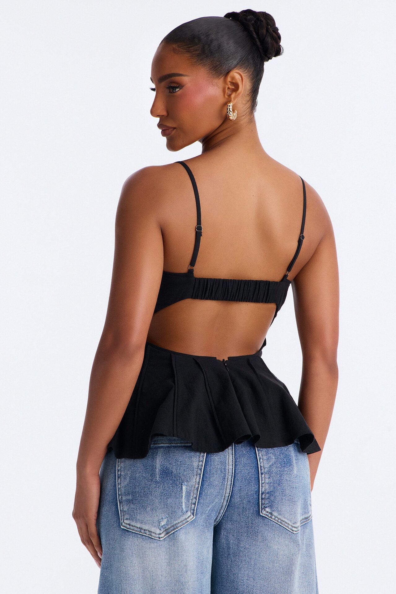 Pretty Please Peplum Linen Babydoll Top - Black