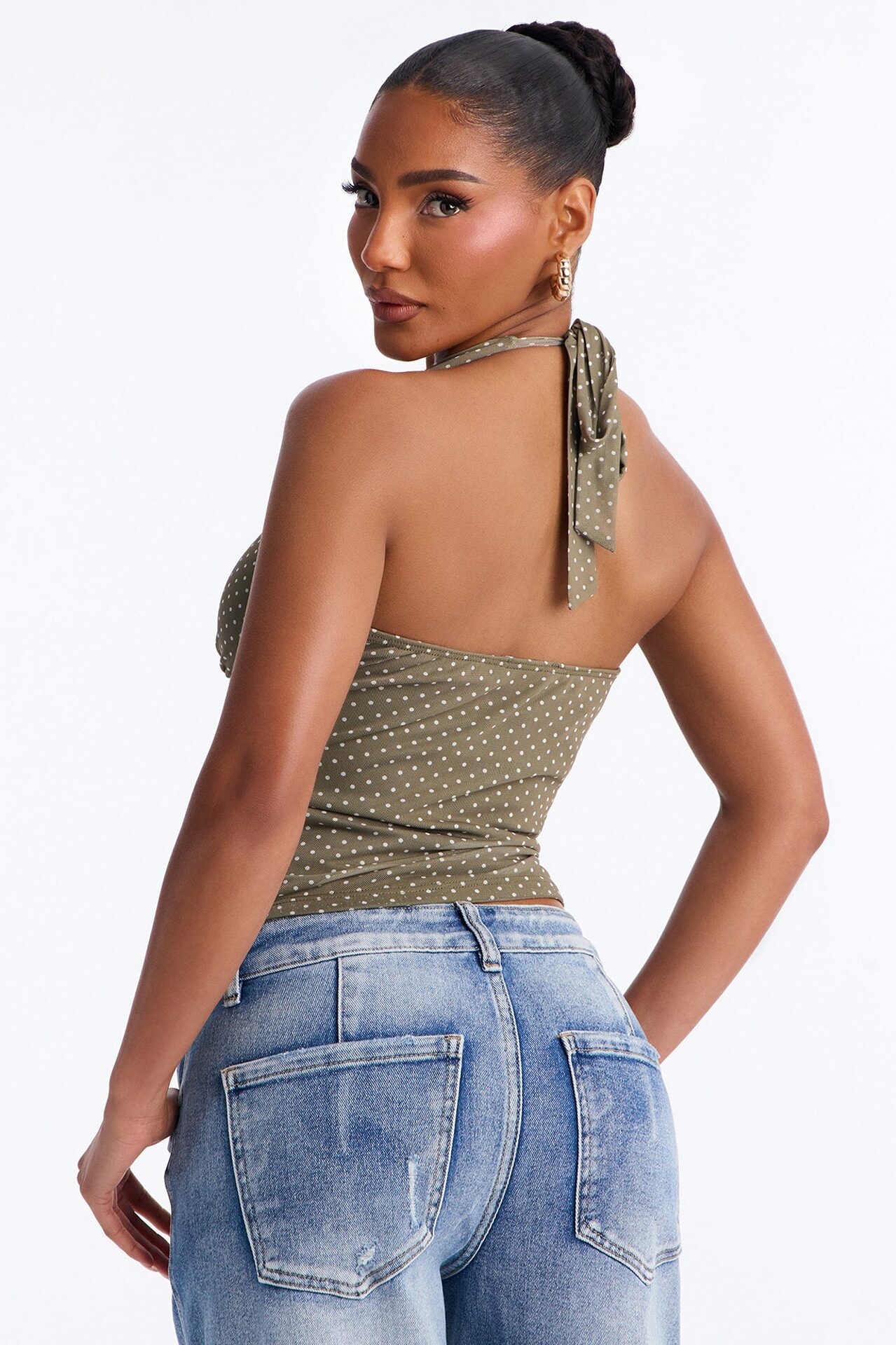 Chloe Mesh Polka Dot Halter Top - Olive/combo