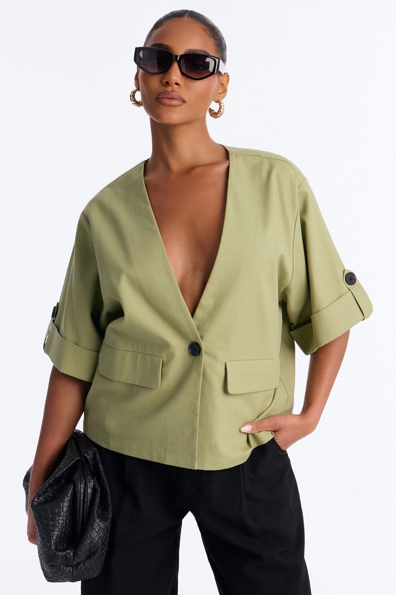 Ready When You Are Cuffed Linen Top - Olive