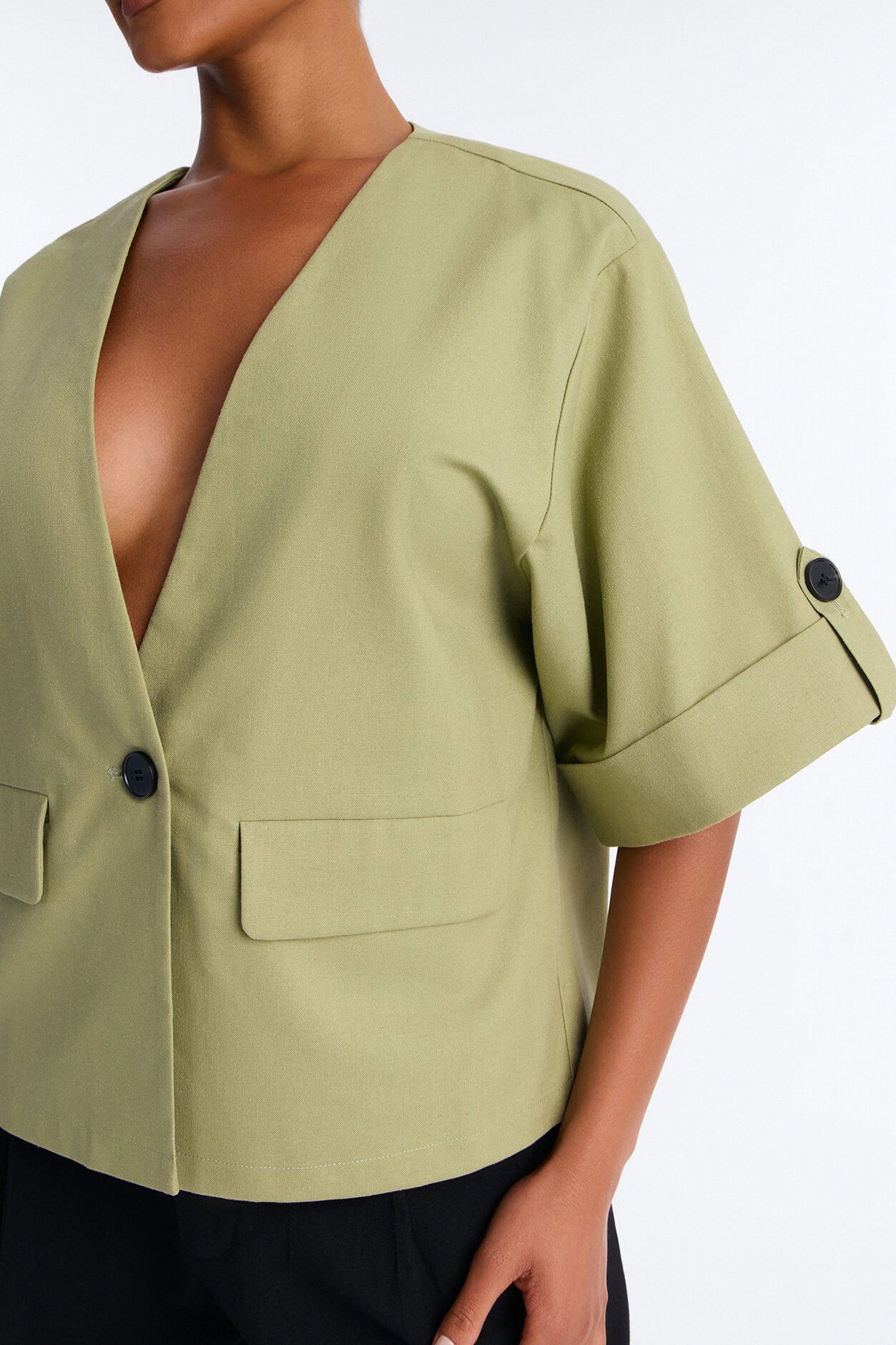 Ready When You Are Cuffed Linen Top - Olive
