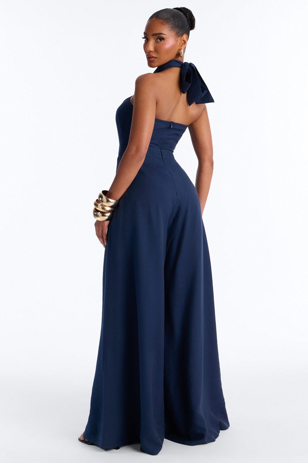 Alana Halter Pleated Wide Leg Jumpsuit - Navy