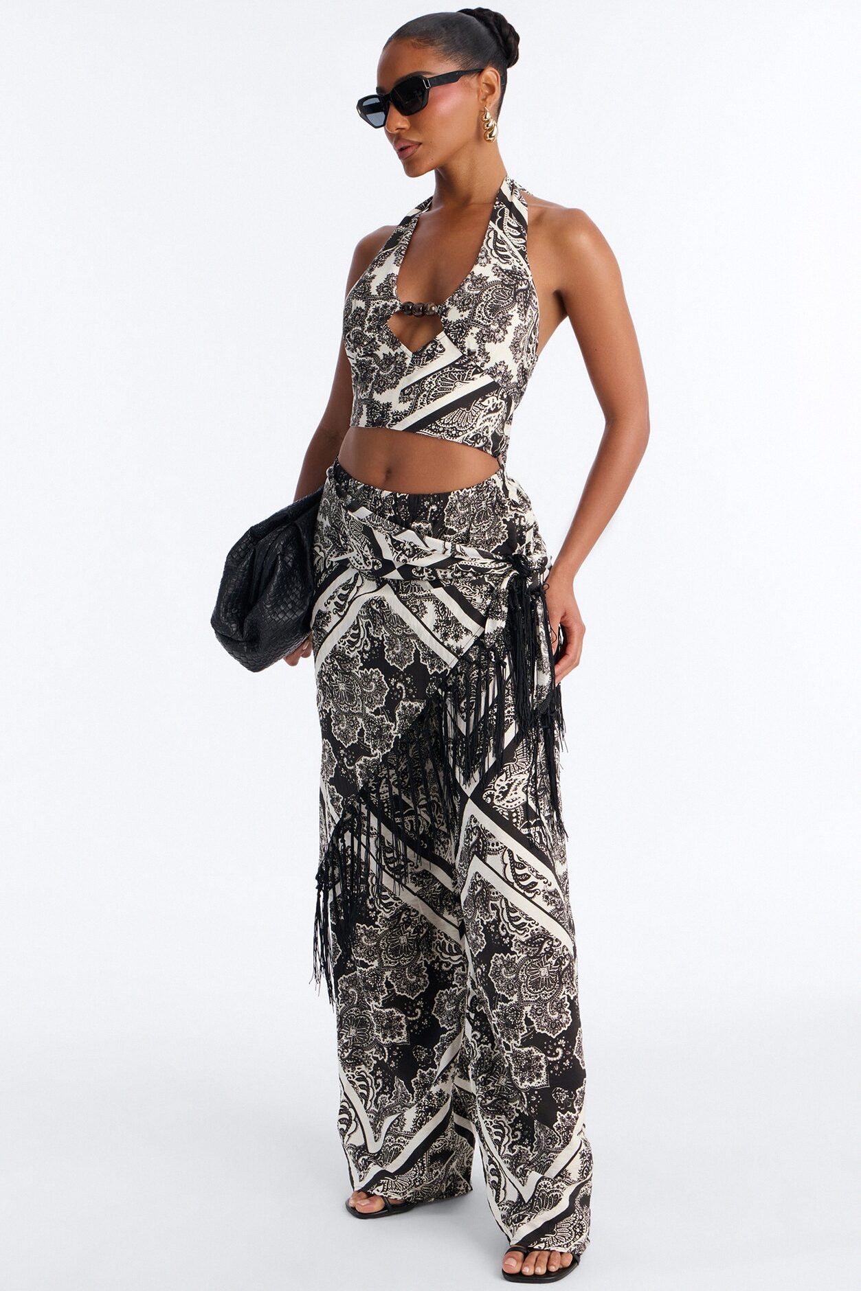 Catherine 3 Piece Halter Scarf Pant Set - Chocolate/Combo