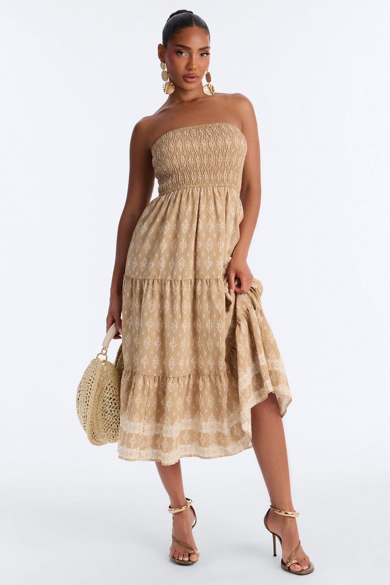 Noelle Strapless Print Midi Dress - Mocha/combo
