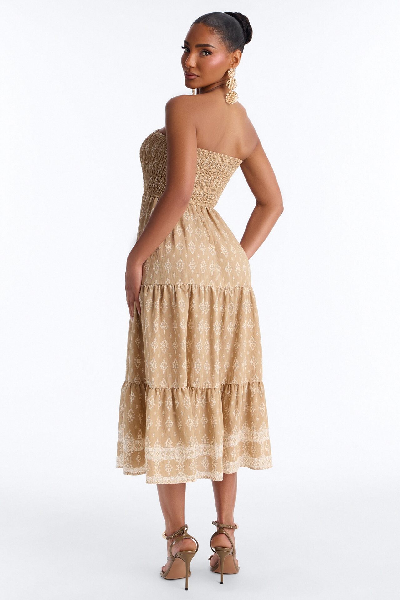 Noelle Strapless Print Midi Dress - Mocha/combo