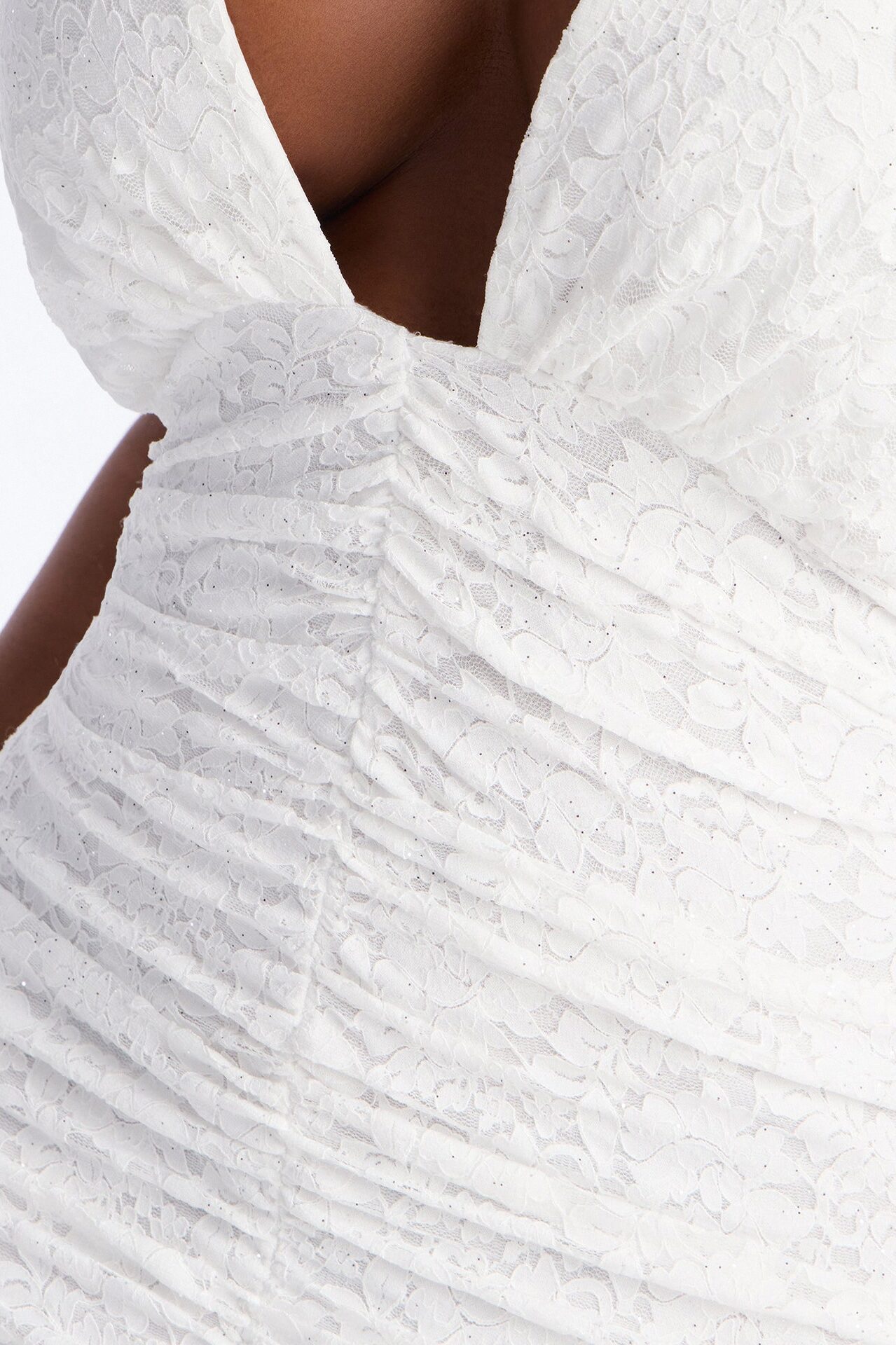 Tyra Ruched Glitter Lace Mini Dress - White
