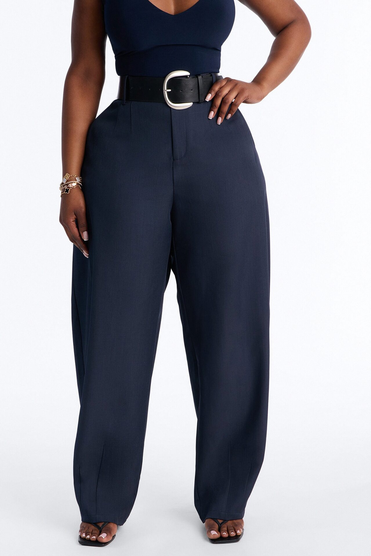 Rebecca Belted Barrel Trouser Pants - Navy