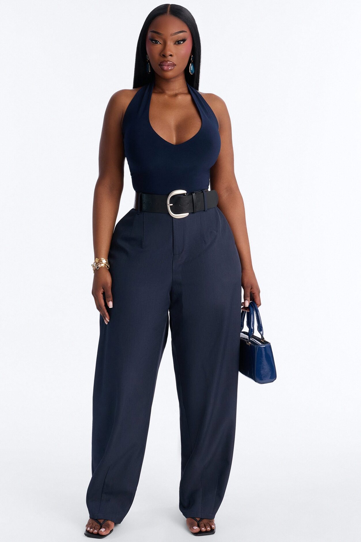 Rebecca Belted Barrel Trouser Pants - Navy