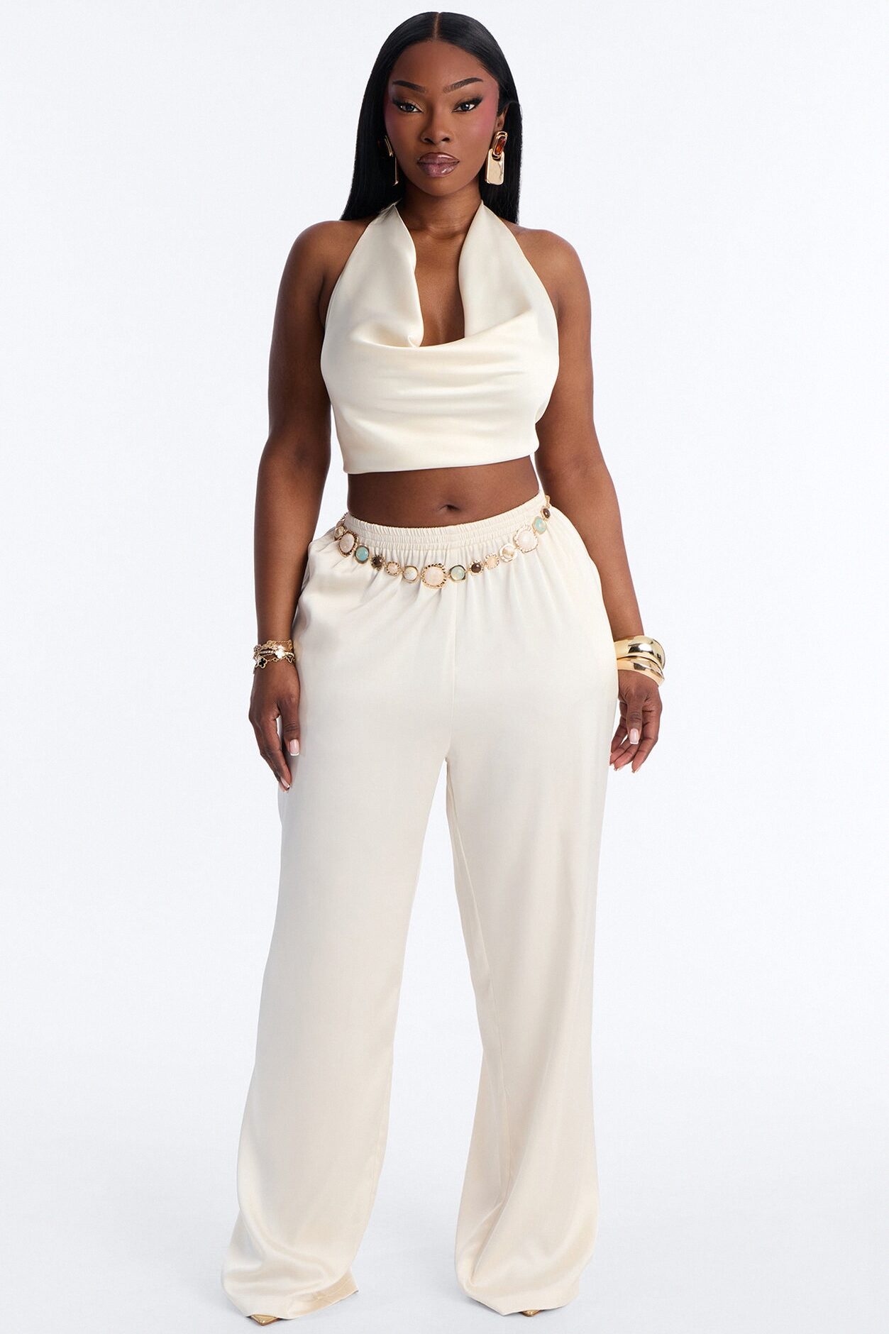 Teagan Low Rise Satin Wide Leg Pant 33″ - Ivory