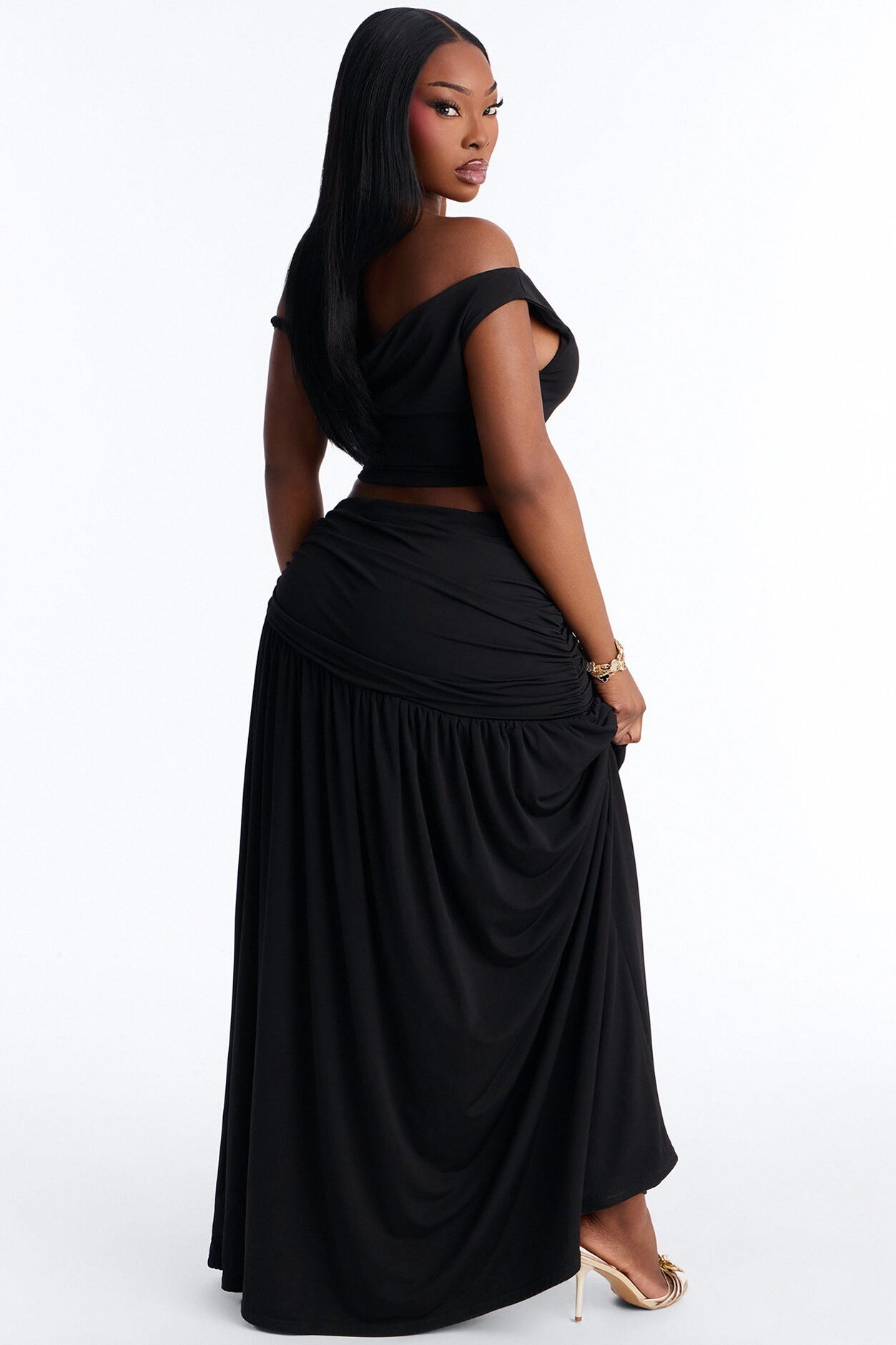 Marilyn Off Shoulder High Slit Maxi Skirt Set - Black