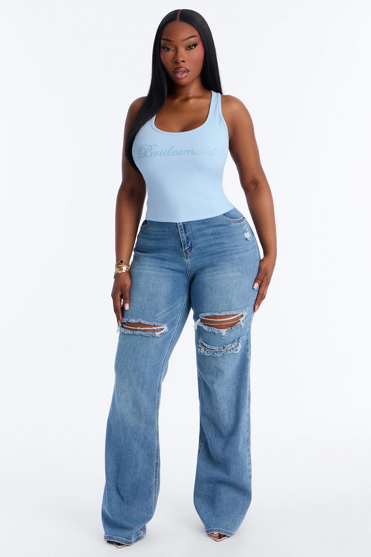 Bridesmaid Rhinestones Ribbed Tank Top - Light Blue