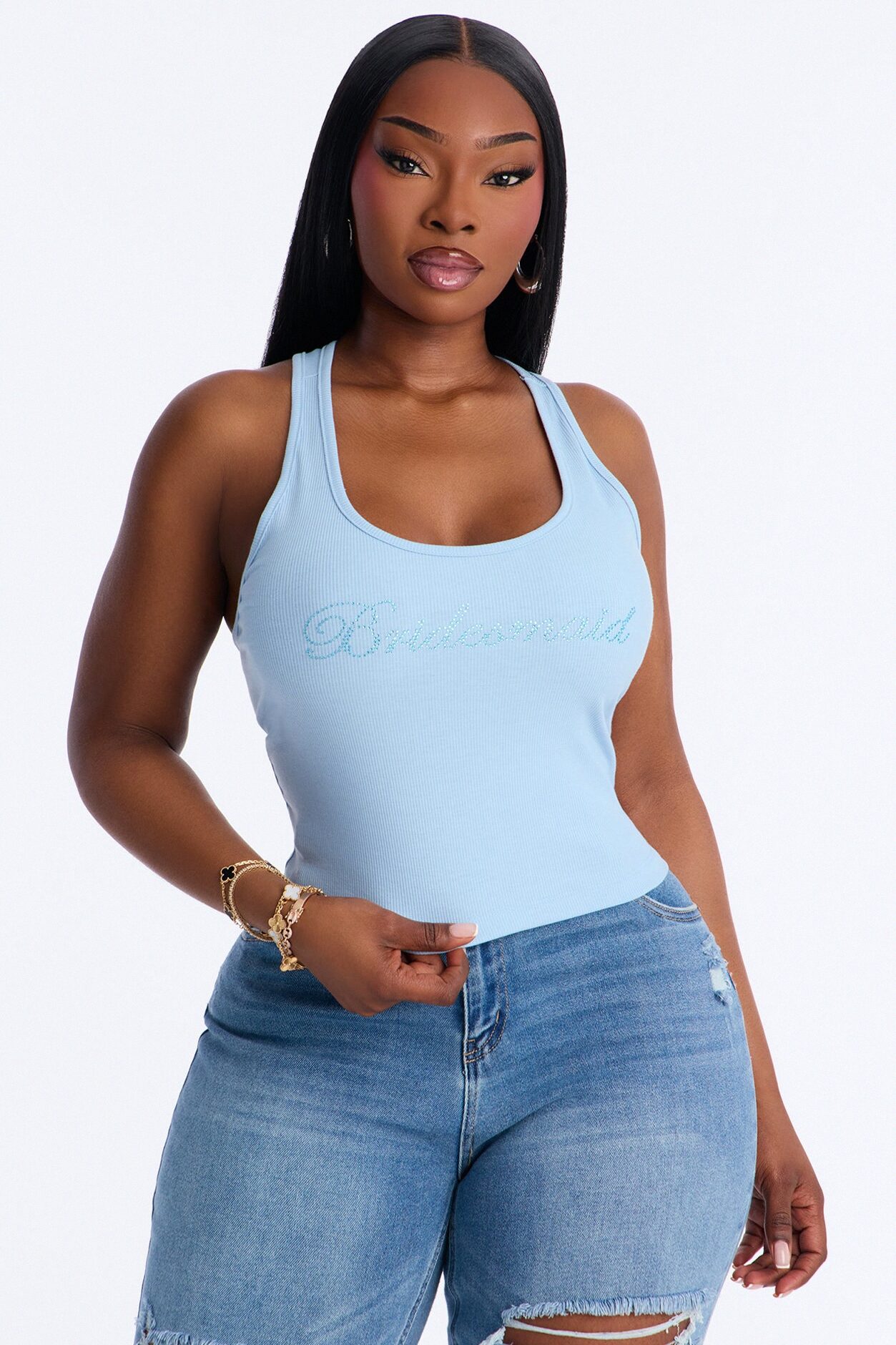Bridesmaid Rhinestones Ribbed Tank Top - Light Blue