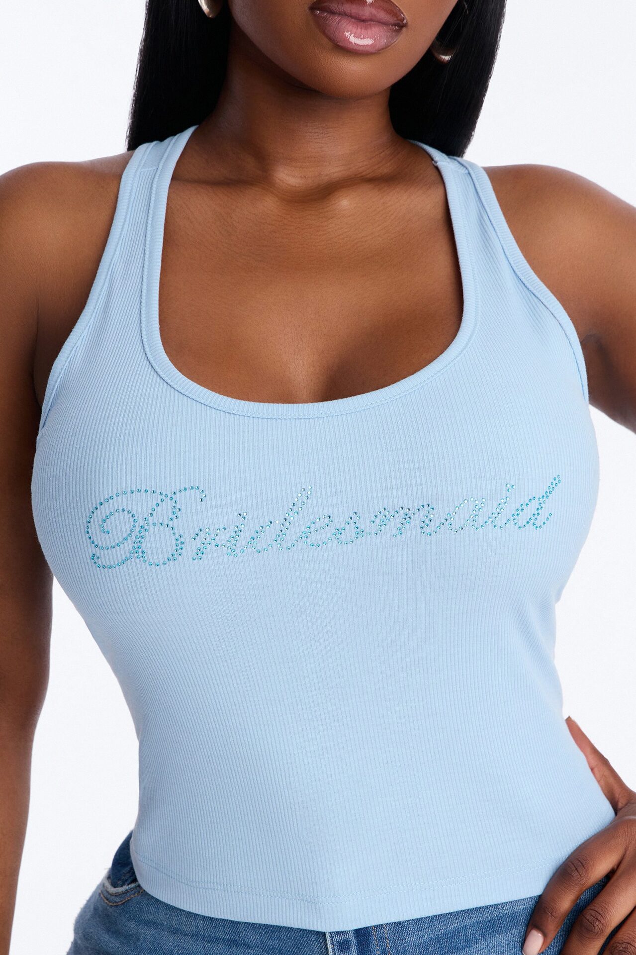 Bridesmaid Rhinestones Ribbed Tank Top - Light Blue