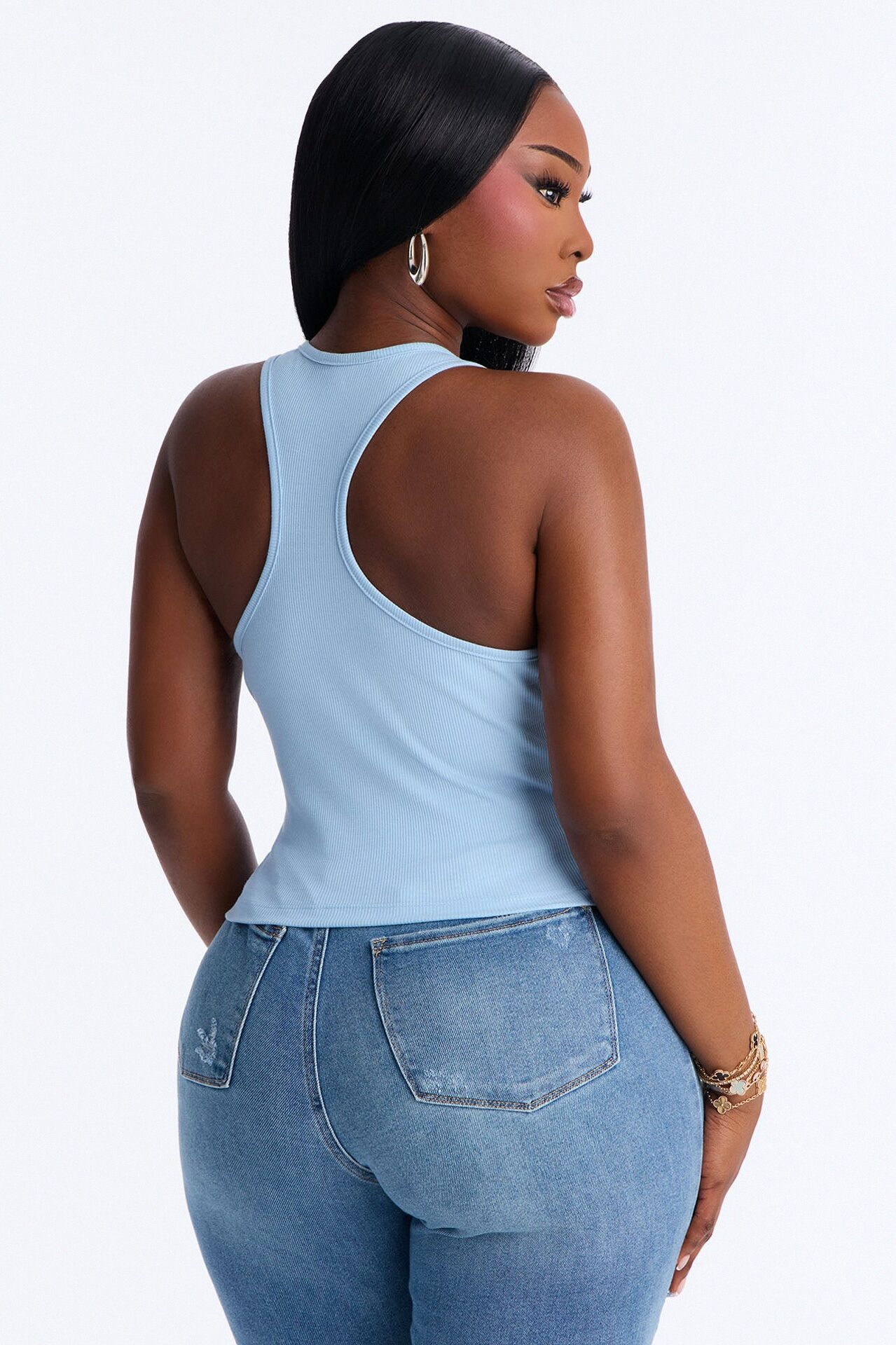 Bridesmaid Rhinestones Ribbed Tank Top - Light Blue