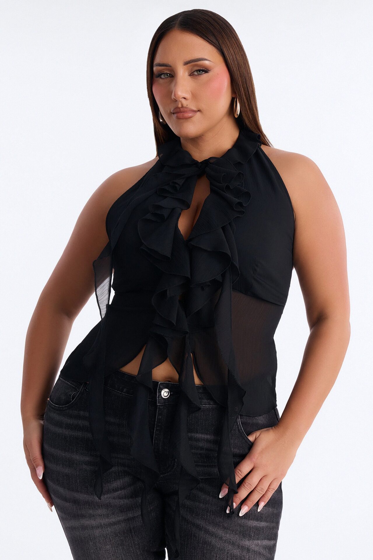 Something Sweet Ruffle Chiffon Halter Top - Black