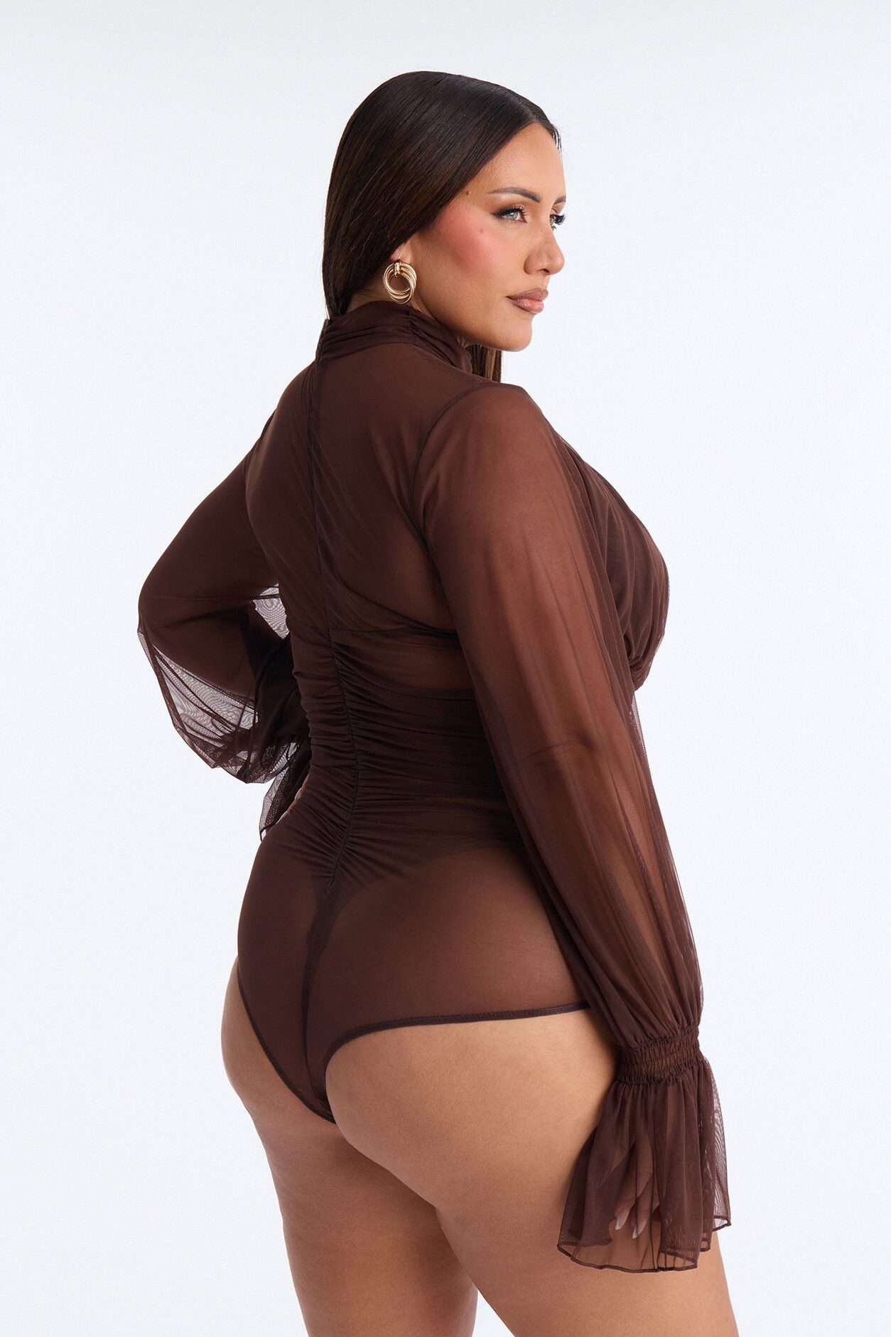 Juliet Ruched Mesh Long Sleeve Bodysuit - Brown