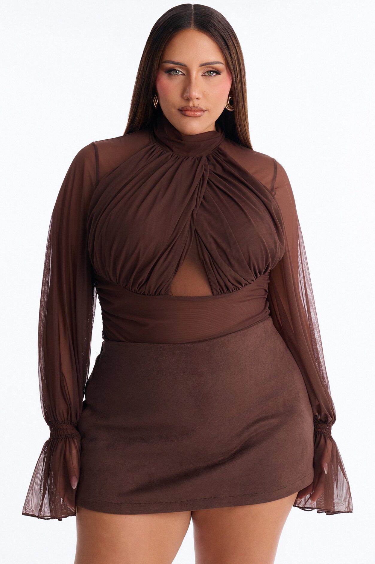 Juliet Ruched Mesh Long Sleeve Bodysuit - Brown