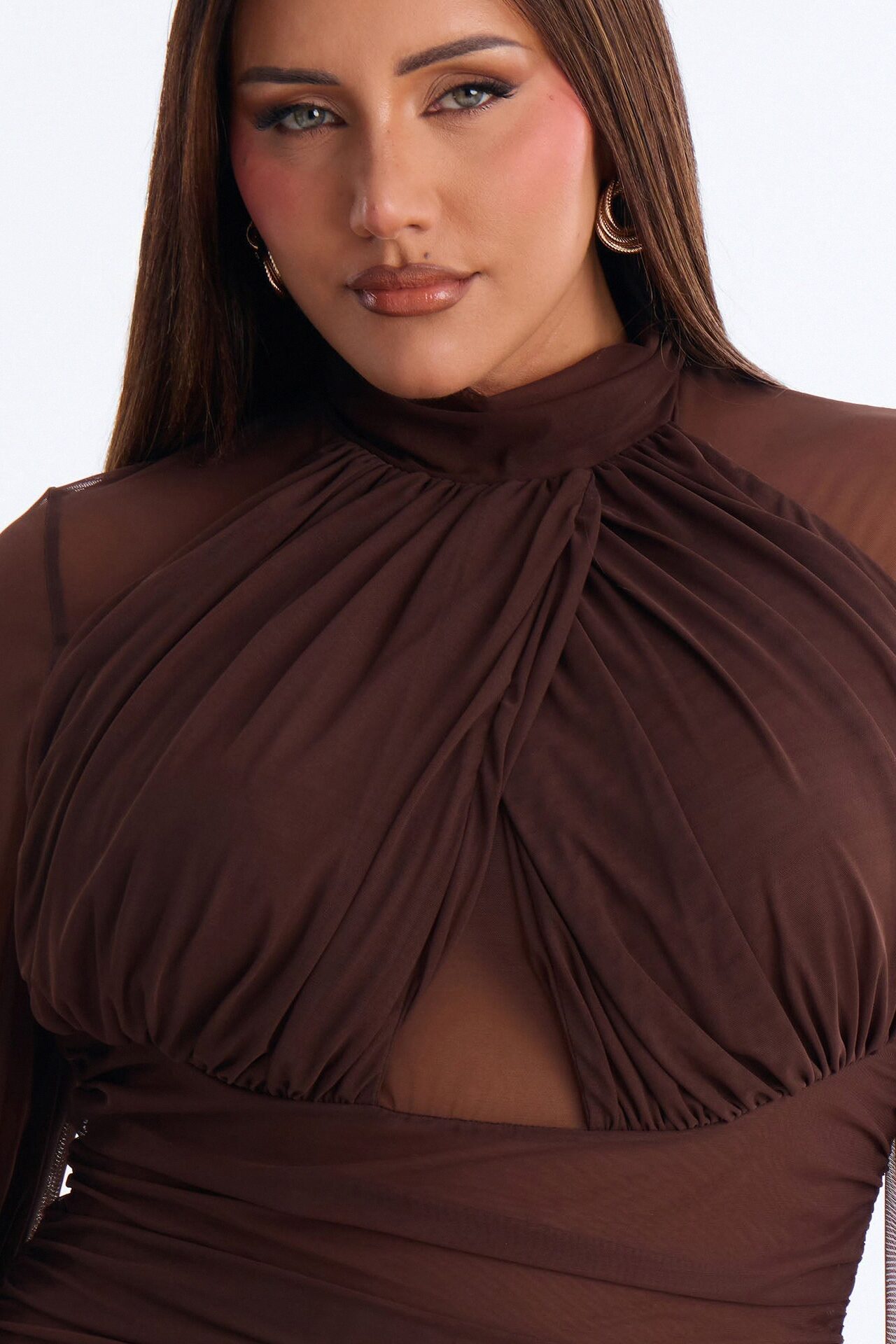 Juliet Ruched Mesh Long Sleeve Bodysuit - Brown