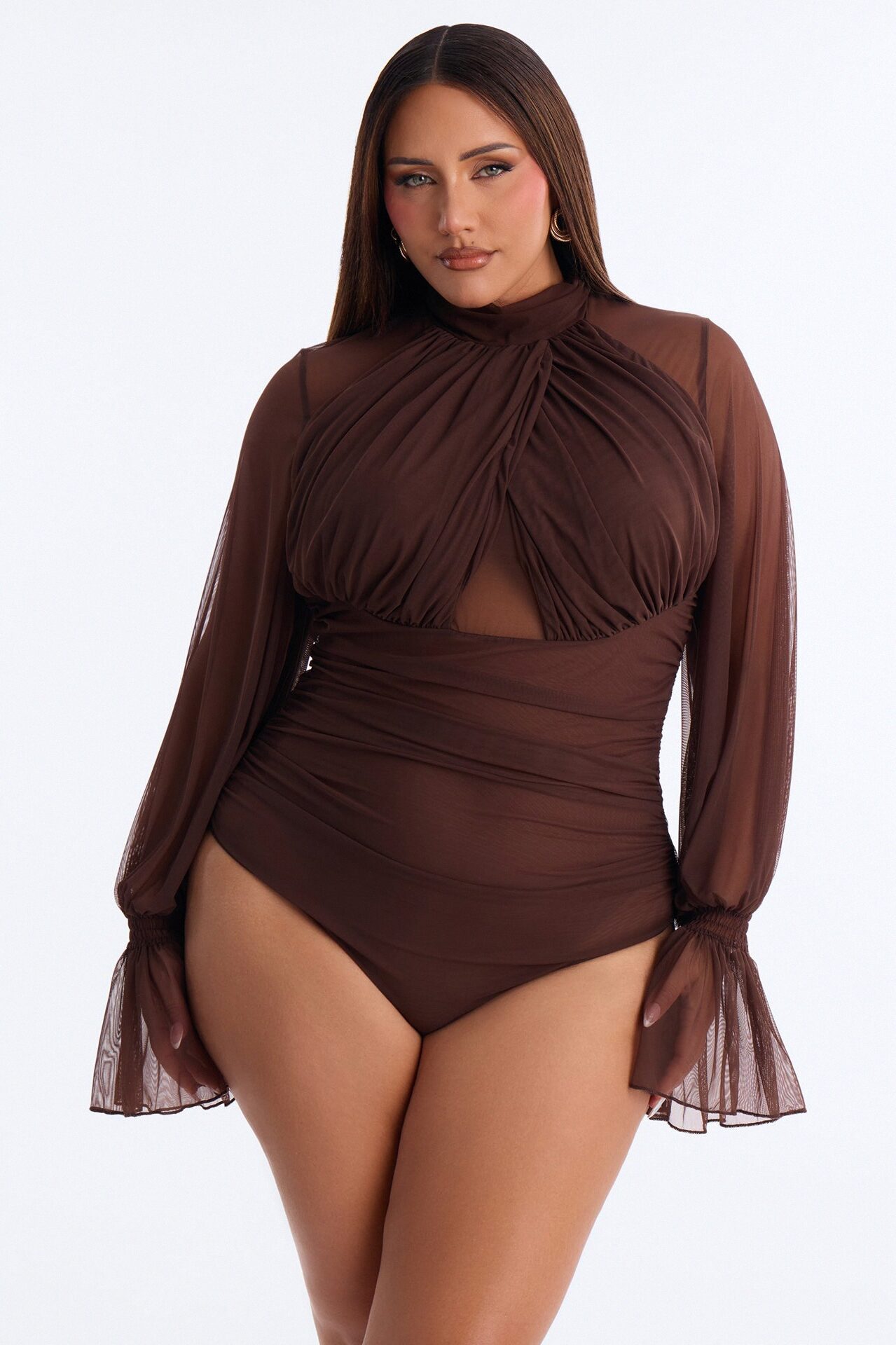 Juliet Ruched Mesh Long Sleeve Bodysuit - Brown