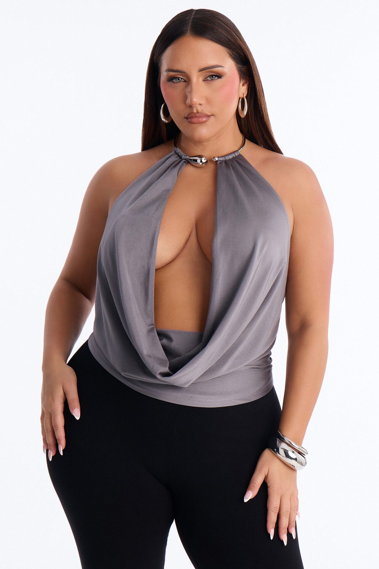 Lunar Goddess Cowl Neck Hardware Halter Top - Charcoal