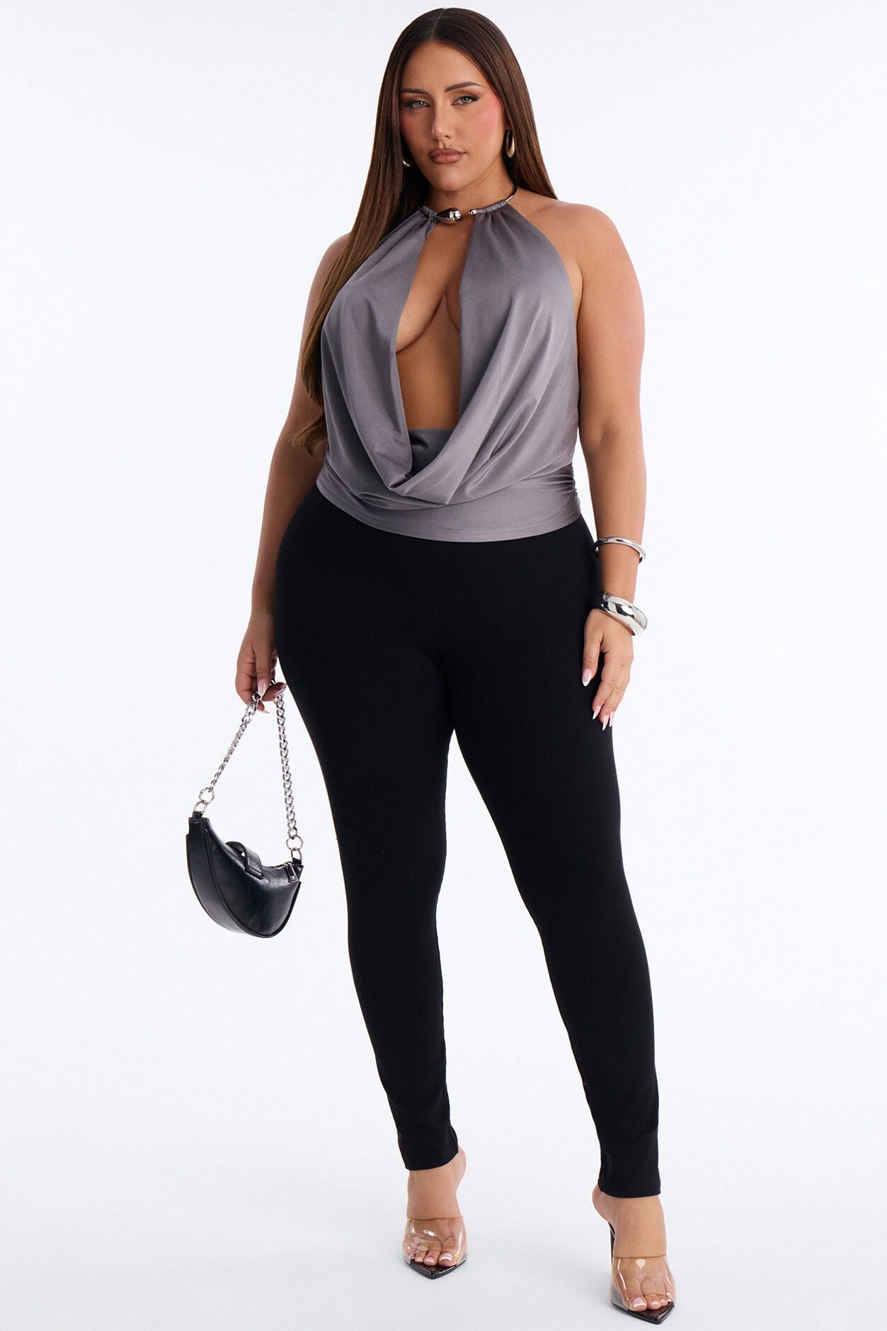 Lunar Goddess Cowl Neck Hardware Halter Top - Charcoal