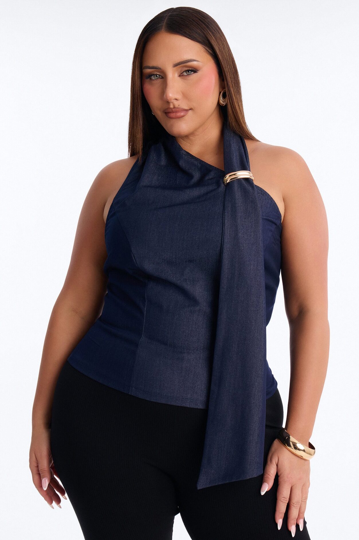 No Off Days Hardware Scarf Denim Halter Top - Dark Wash
