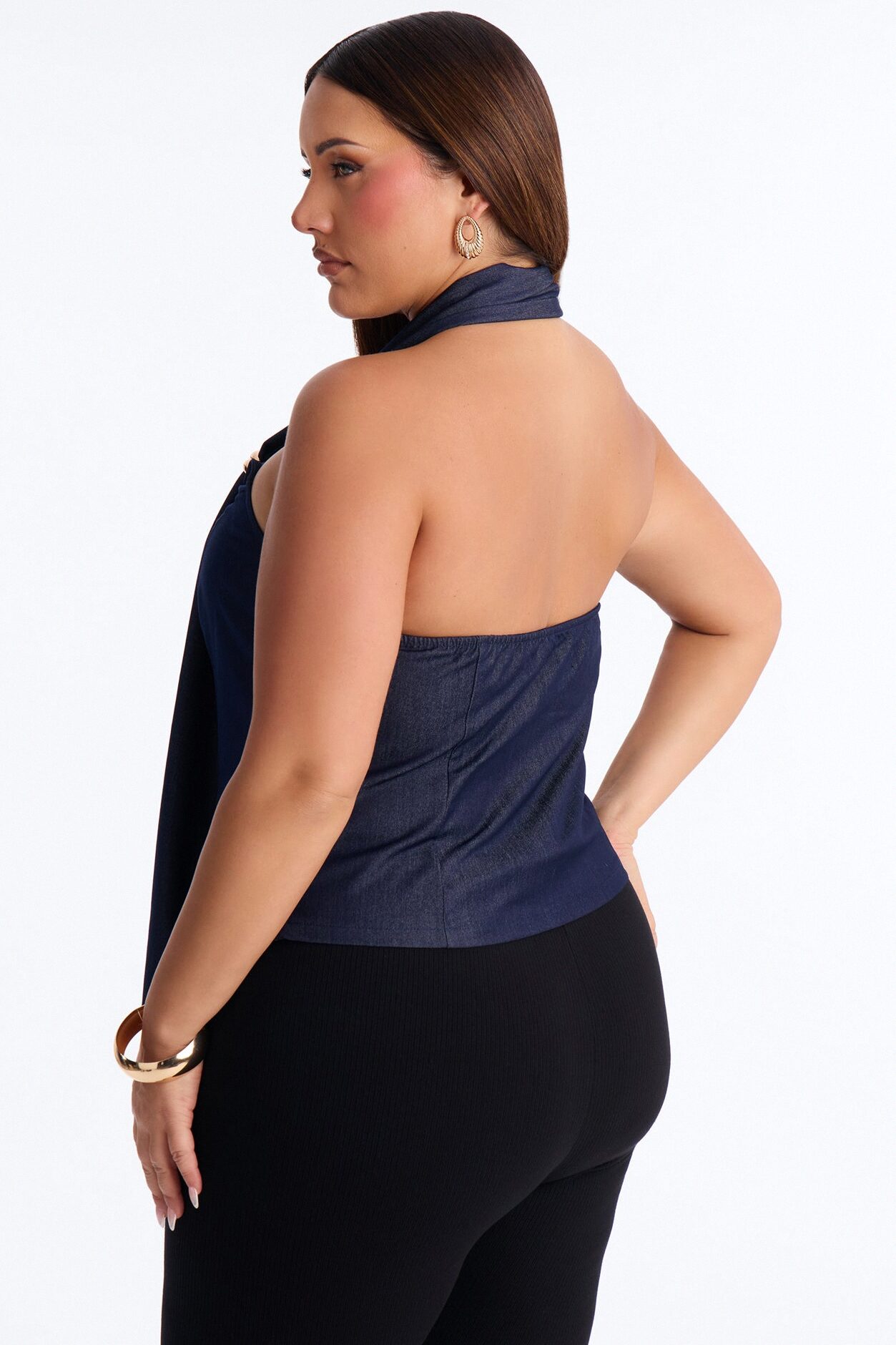 No Off Days Hardware Scarf Denim Halter Top - Dark Wash