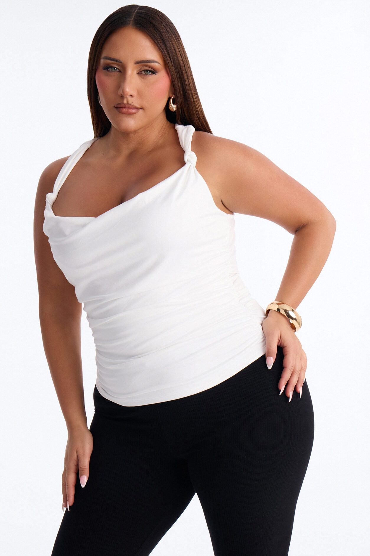 Pretty Persuasion Knot Cowl Neck Ruched Top - White