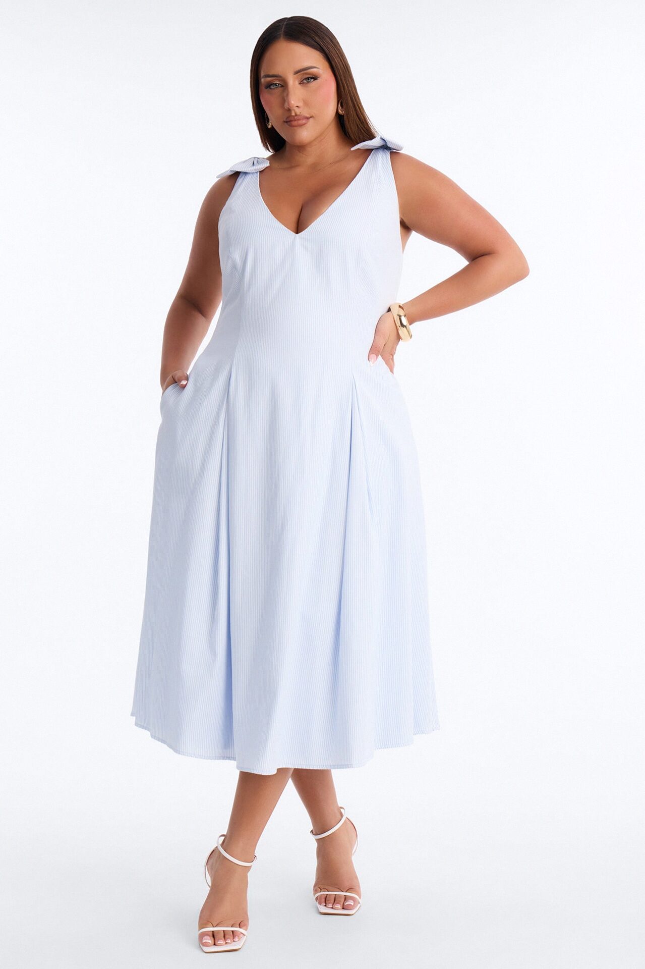 Adele Bow Pinstripe Midi Dress - Blue/combo