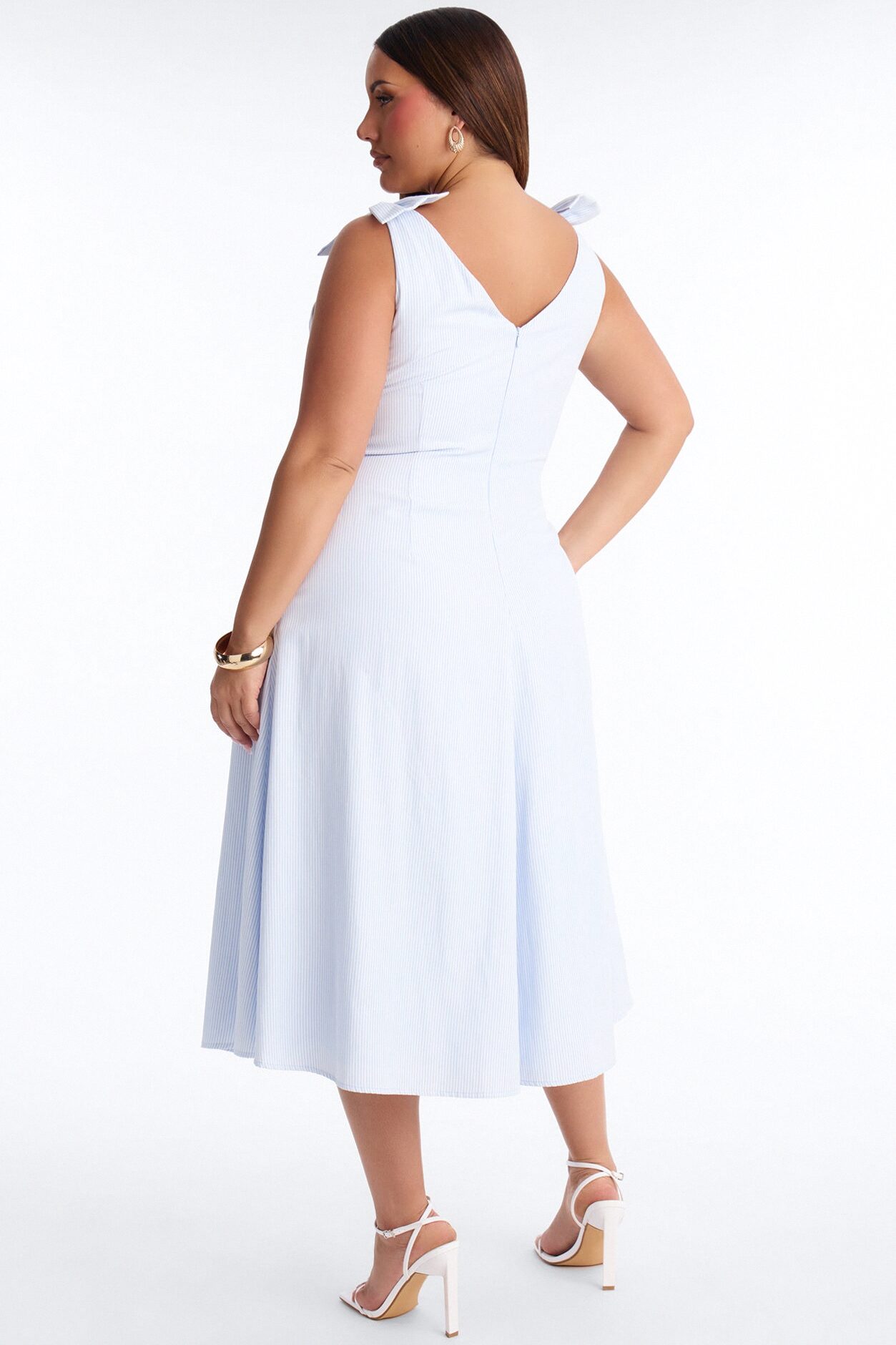 Adele Bow Pinstripe Midi Dress - Blue/combo