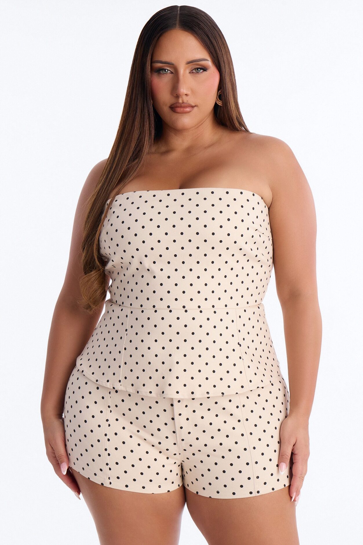 Mallory Twill Polka Dot Peplum Tube Top - Cream/combo