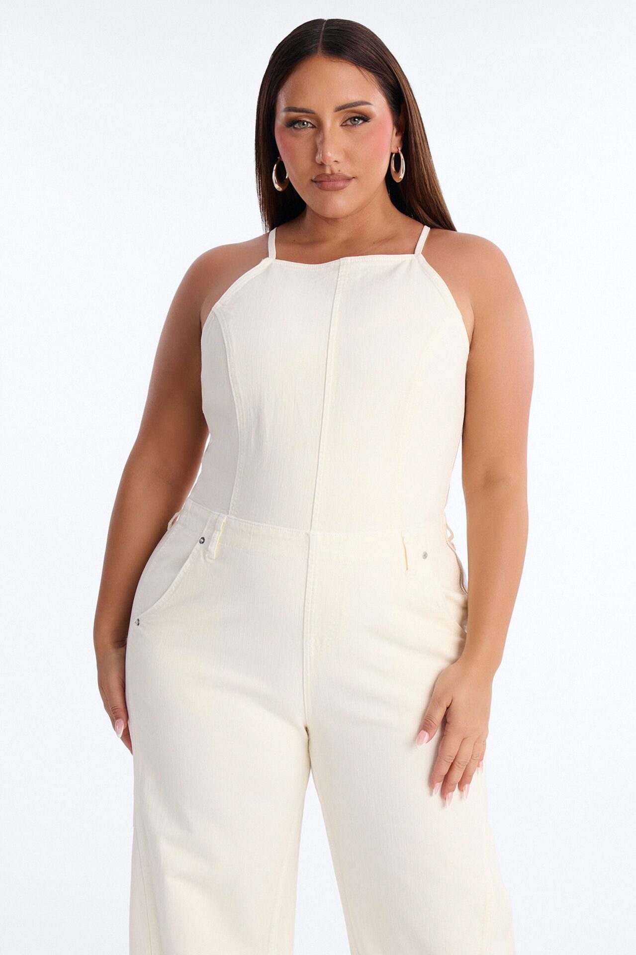 Tiana Backless Denim Barrel Leg Jumpsuit - Off White