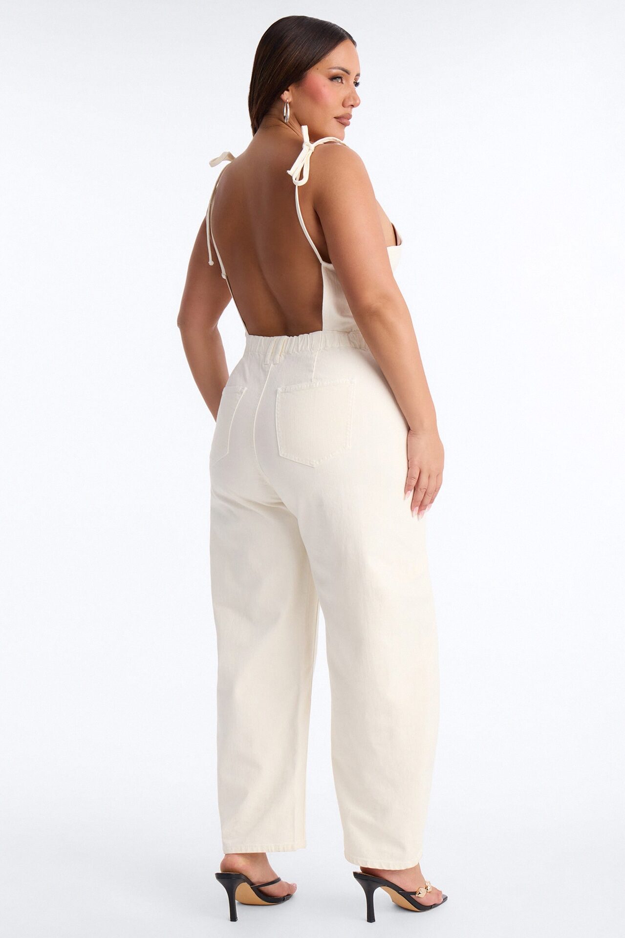 Tiana Backless Denim Barrel Leg Jumpsuit - Off White